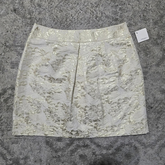 HALOGEN Nwt Natural & Gold Metallic Floral Jaquard Pencil, Cotton Blend, 10 - Picture 2 of 14